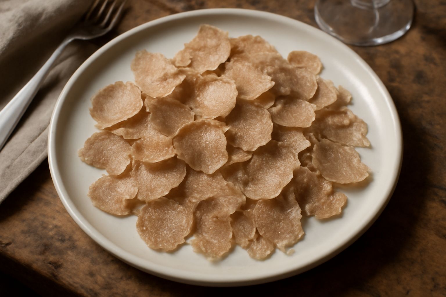 Scaglie sottili di tartufo bianco disposte su un piatto bianco con uovo in camicia, accanto a una grattugia di legno e spicchi di tartufo intero su tavolo rustico