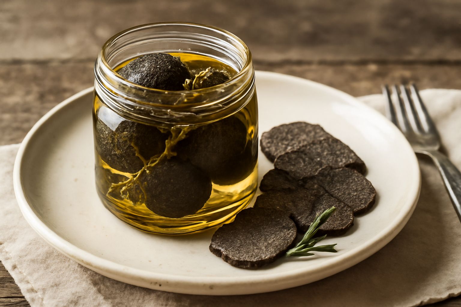 Barattolo di vetro con tartufi neri interi immersi in olio extravergine dorato, con foglie di timo fresco sul fondo e coperchio a vite, su fondo di legno scuro
