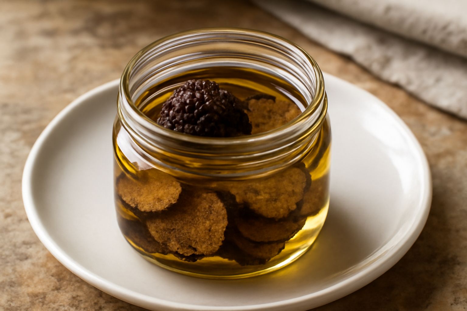 Vasetto di vetro con tartufo nero conservato in olio trasparente color ambra, tartufo visibile intera su fondo, etichetta bianca, ambiente luminoso naturale