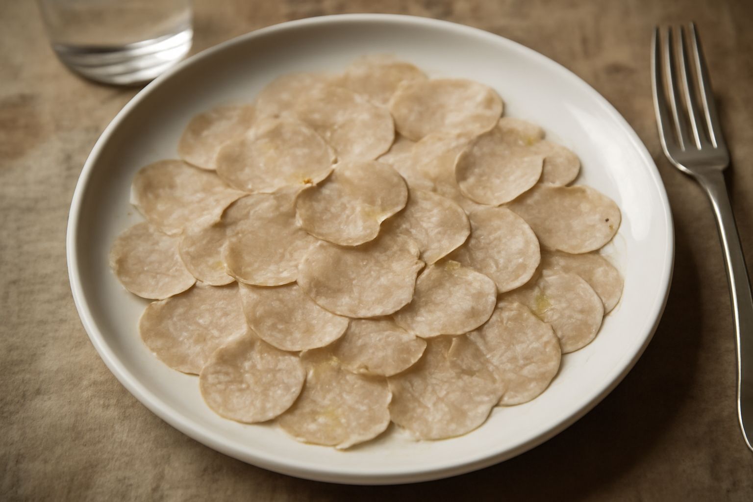 Tartufo d'Alba affettato in fette sottilissime su piatto bianco, condito con olio dorato e scaglie di sale, guarnito con foglie di rucola fresca