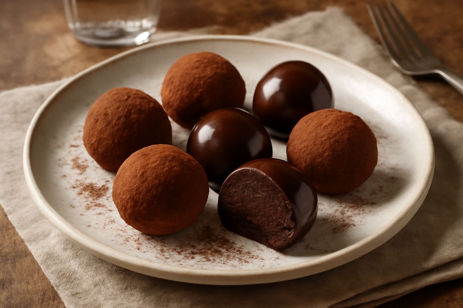 Tartufi di cioccolato tondi e lisci, alcuni ricoperti di polvere di cacao scura, altri di cioccolato fondente lucido, disposti su carta pergamena bianca