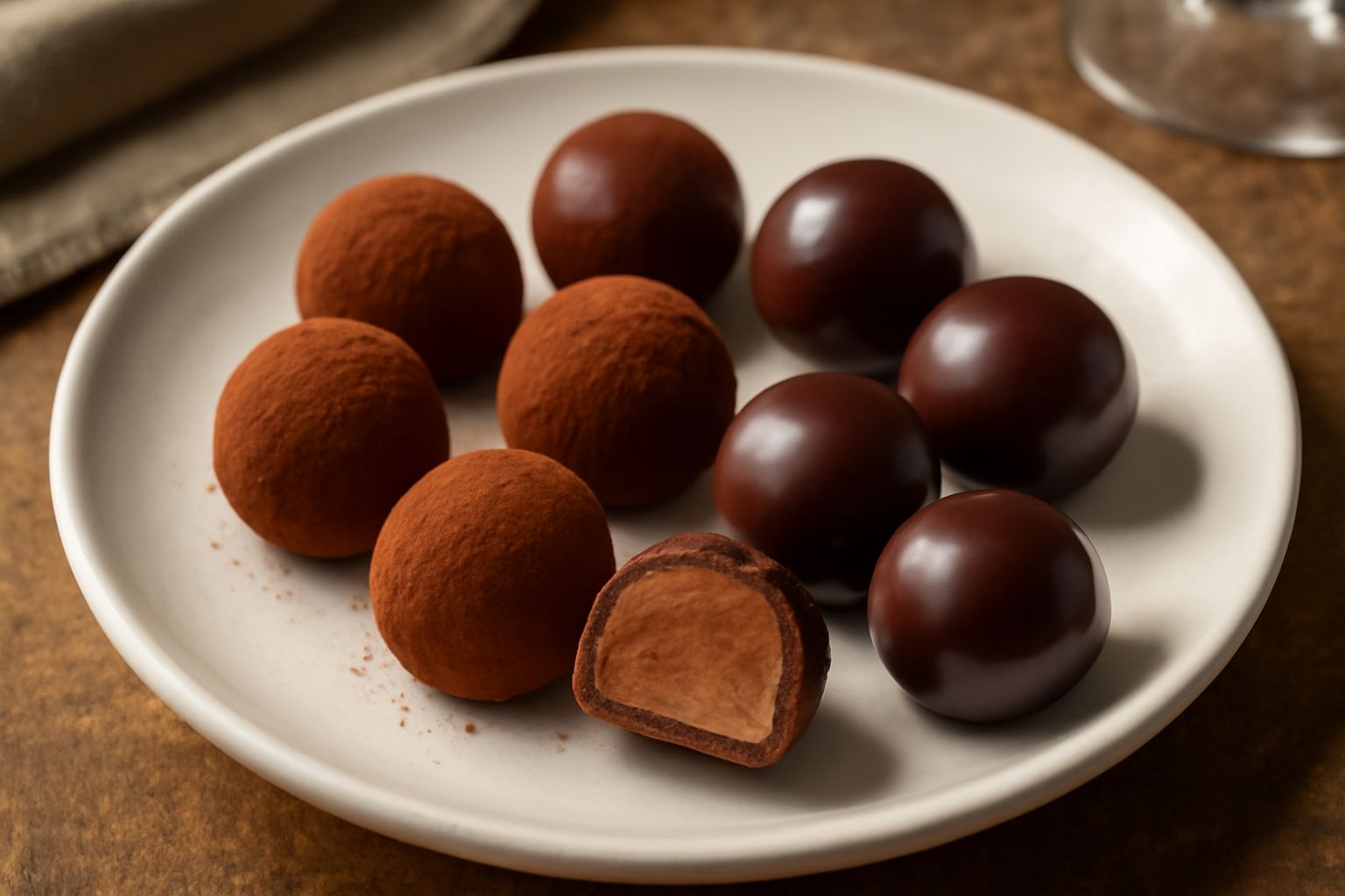 Tartufi di cioccolato scuro ricoperti di cacao in polvere, disposti su un piatto bianco, con alcuni spezzati a metà per mostrare il ripieno cremoso interno beige