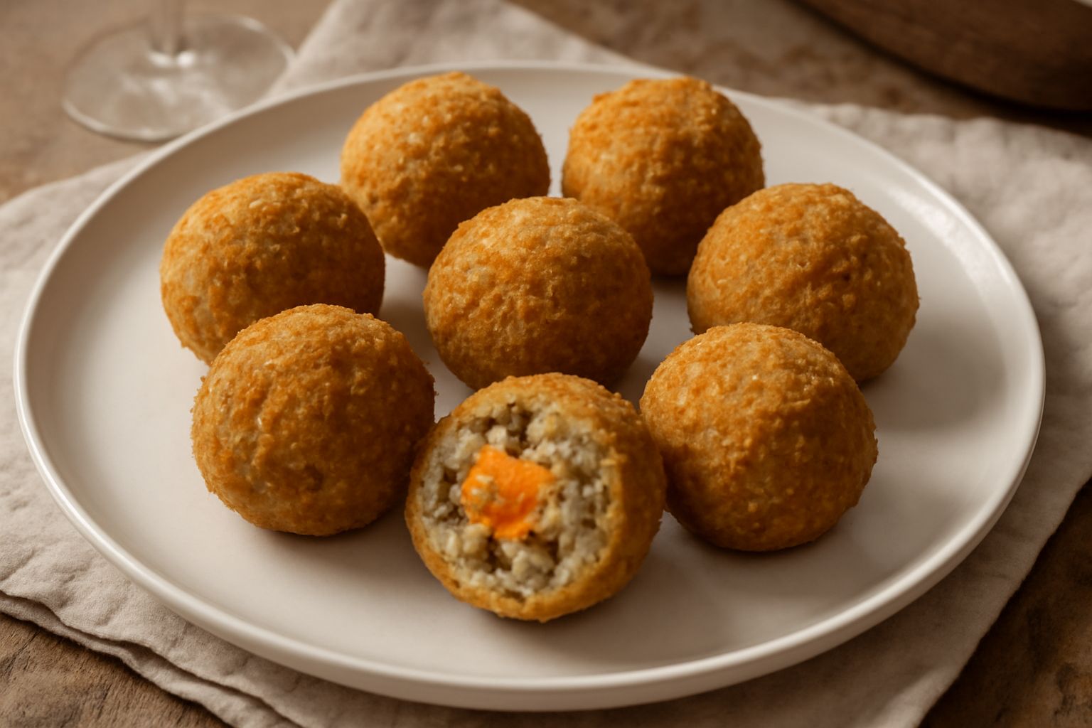 Tartufi di mare dorati e croccanti disposti su un piatto bianco, con superficie fritta brillante, contornati da limone e una piccola foglia di prezzemolo, fondo neutro
