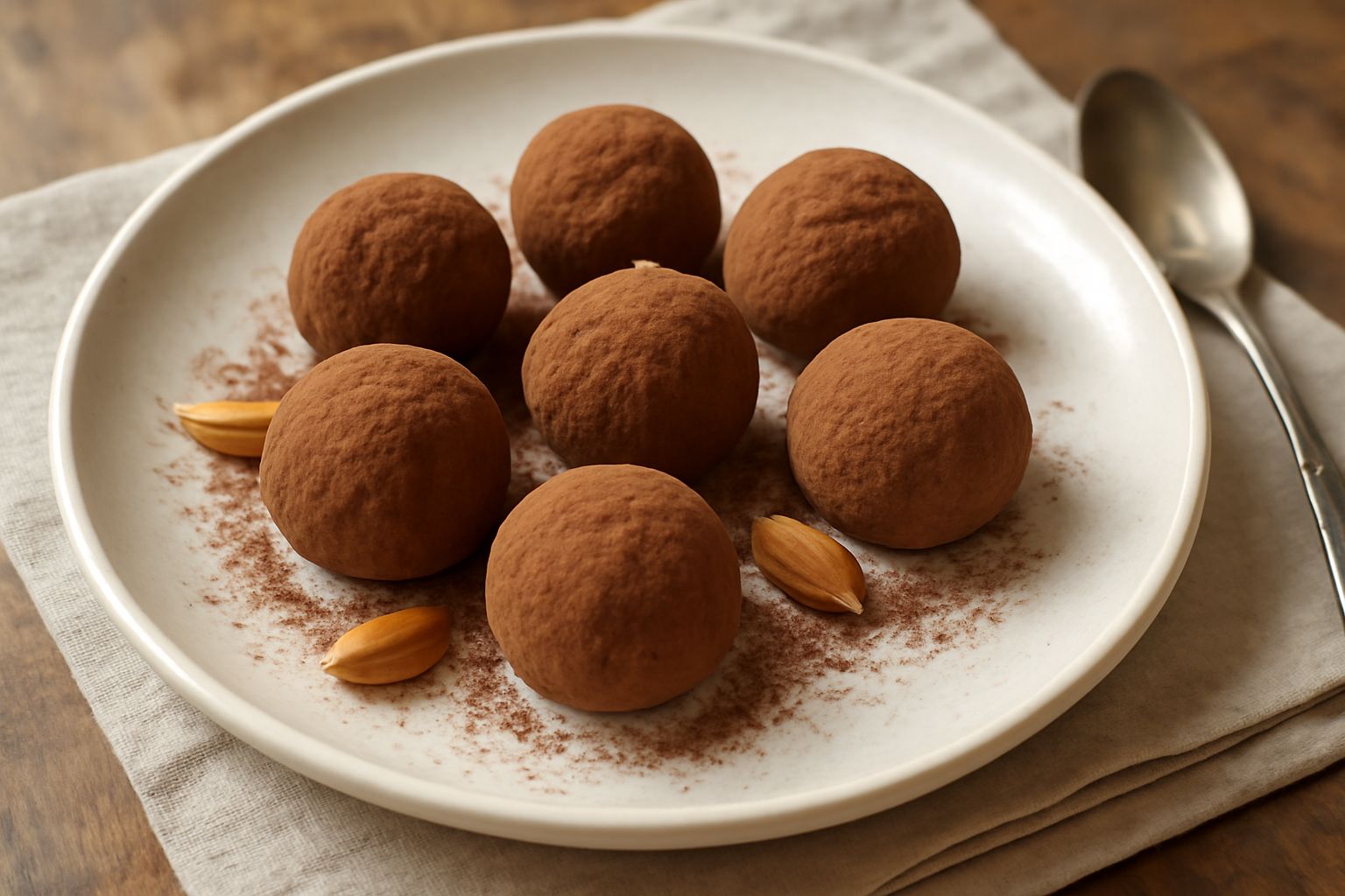 Tre tartufi di patate tondi ricoperti di cacao amaro in polvere, con sfondo grigio neutro e leggera ombra. Uno di essi è tagliato a metà per mostrare l'interno marrone scuro della mandorla.