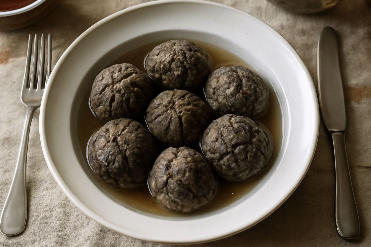 Tartufi di varie misure color marrone scuro e grigio chiaro immersi in liquido trasparente leggermente ambrato, con spezie visibili, in vasetto di vetro da cucina