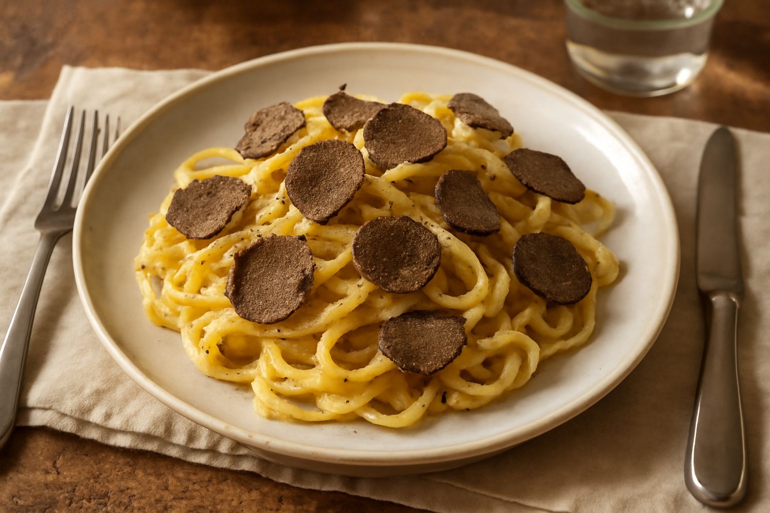 Tartufo nero intero su superfice di legno chiaro con spazzola in setola naturale e un coltello piccolo per la pulizia, accanto a pasta fresca in un piatto bianco