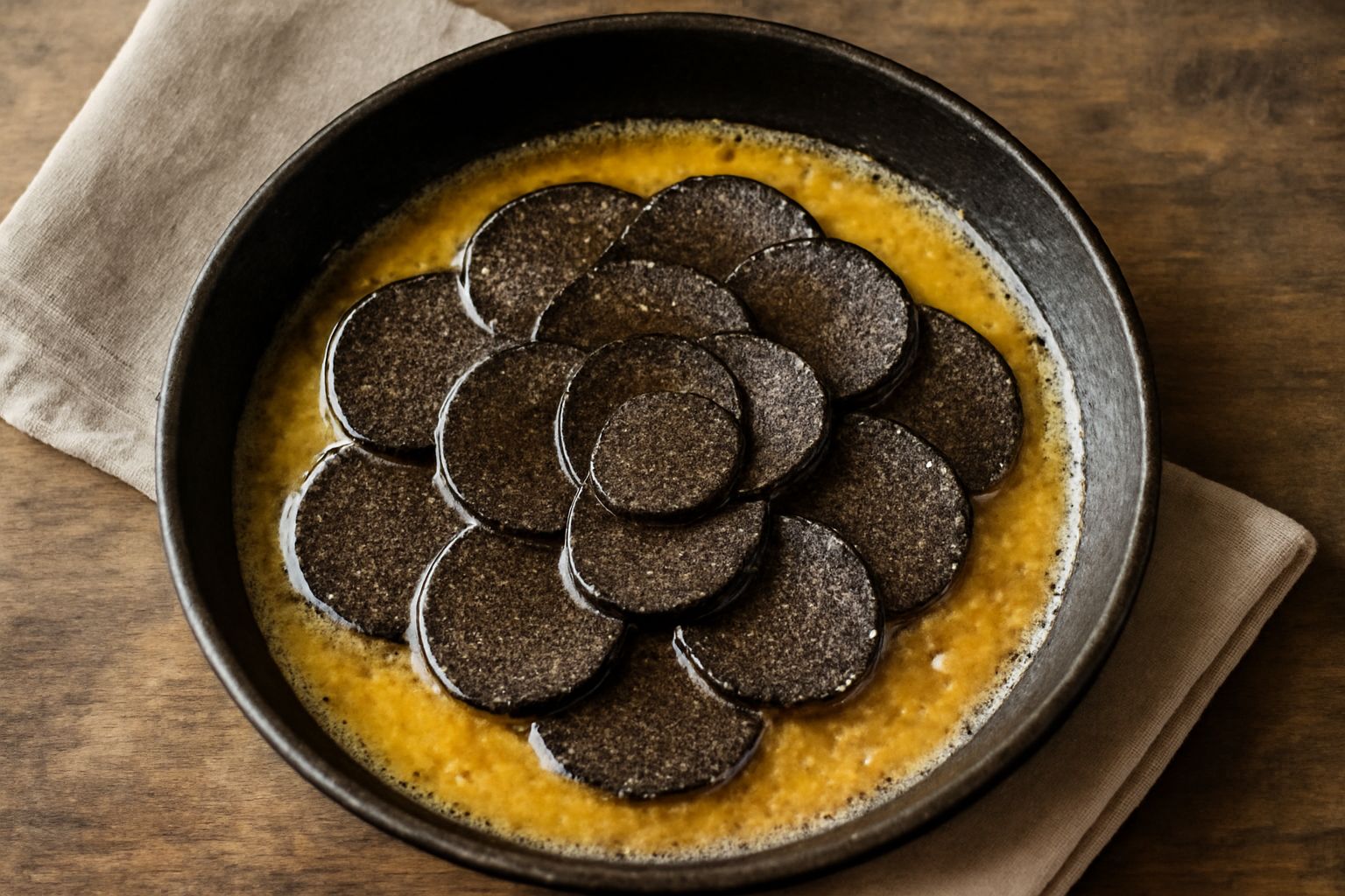 Tartufi neri affettati in una padella di acciaio inox con burro dorato fumante, gustati con un cucchiaio di legno, su un tavolo di legno naturale con tovagliolo bianco