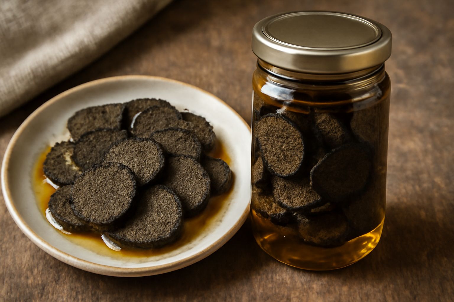 Barattolo di vetro trasparente con tartufi neri affettati immersi in olio dorato, uno spicchio di aglio fresco visibile tra le fette, erbe aromatiche secche, sfondo neutro.