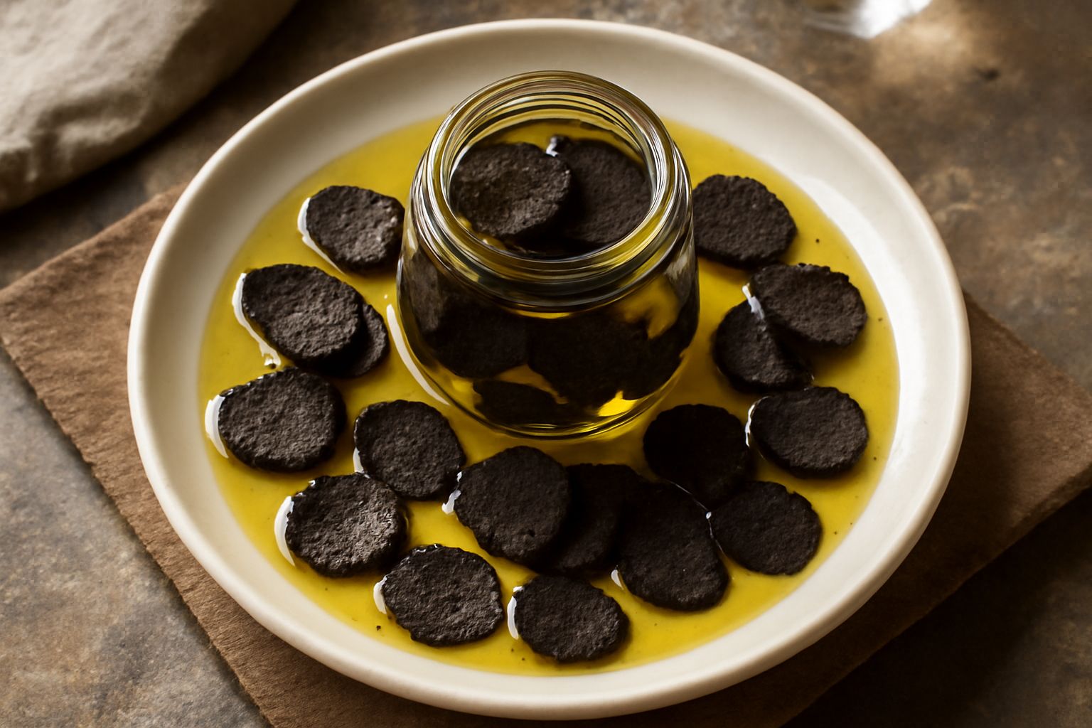 Barattolo di vetro trasparente con tartufi neri a fette immerse in olio giallo dorato, etichetta beige, sfondo di legno chiaro con un cucchiaio d'olio e tartufo intero accanto