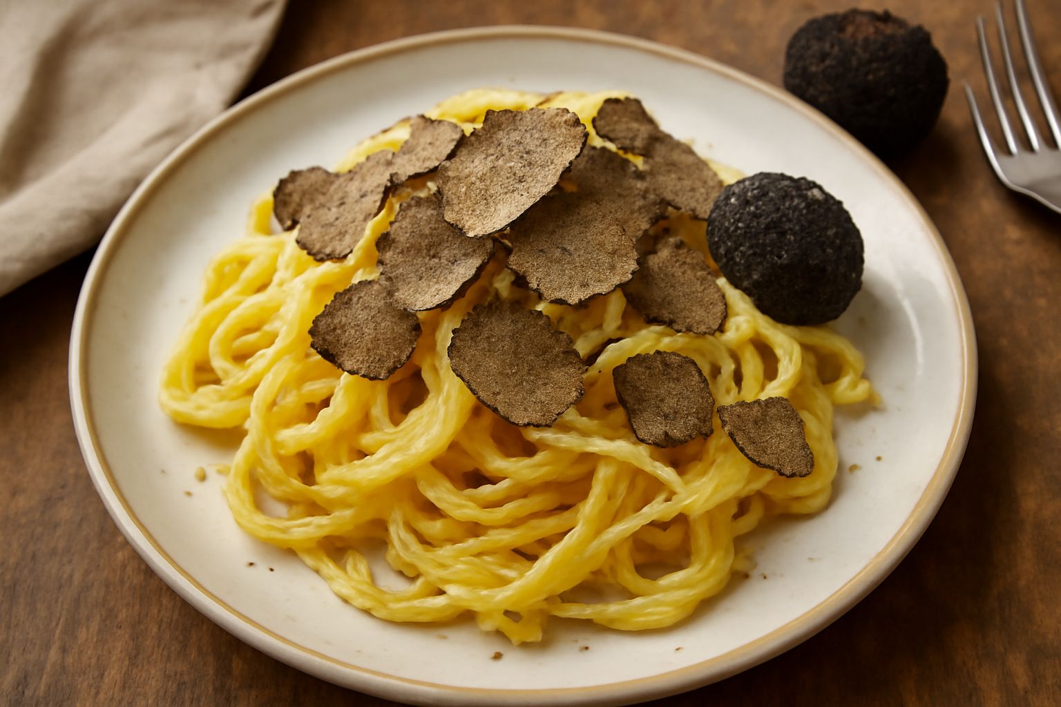 Tartufo nero integro su tavolo di marmo bianco, accanto a uno spazzolino morbido, una lama d'acciaio e tovaglia di lino, con raggi di luce naturale che evidenziano le bitorzoli scuri della superficie
