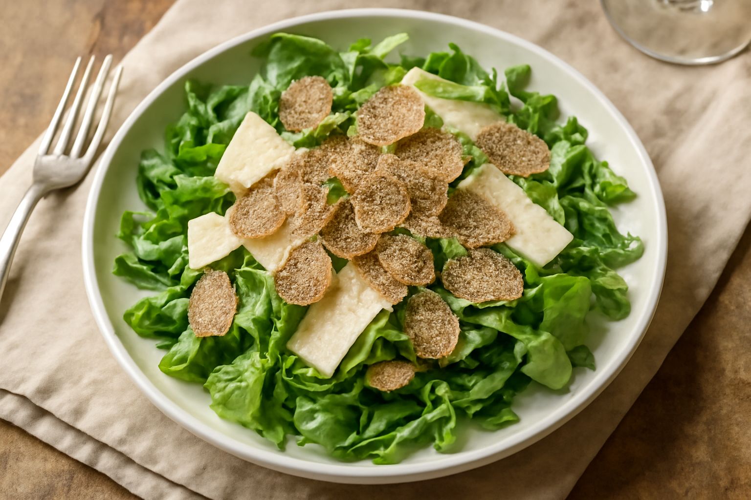 Insalata in ciotola bianca con foglie di rucola, scaglie di parmigiano e tartufo bianco fresco grattugiato al centro, filo d'olio dorato, su tavolo di legno chiaro