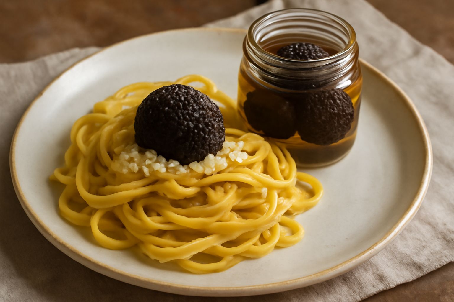 Barattolo di vetro con tartufo nero conservato in olio extravergine, tartufi interi accanto, tavolo di legno chiaro, luce naturale che illumina il barattolo trasparente