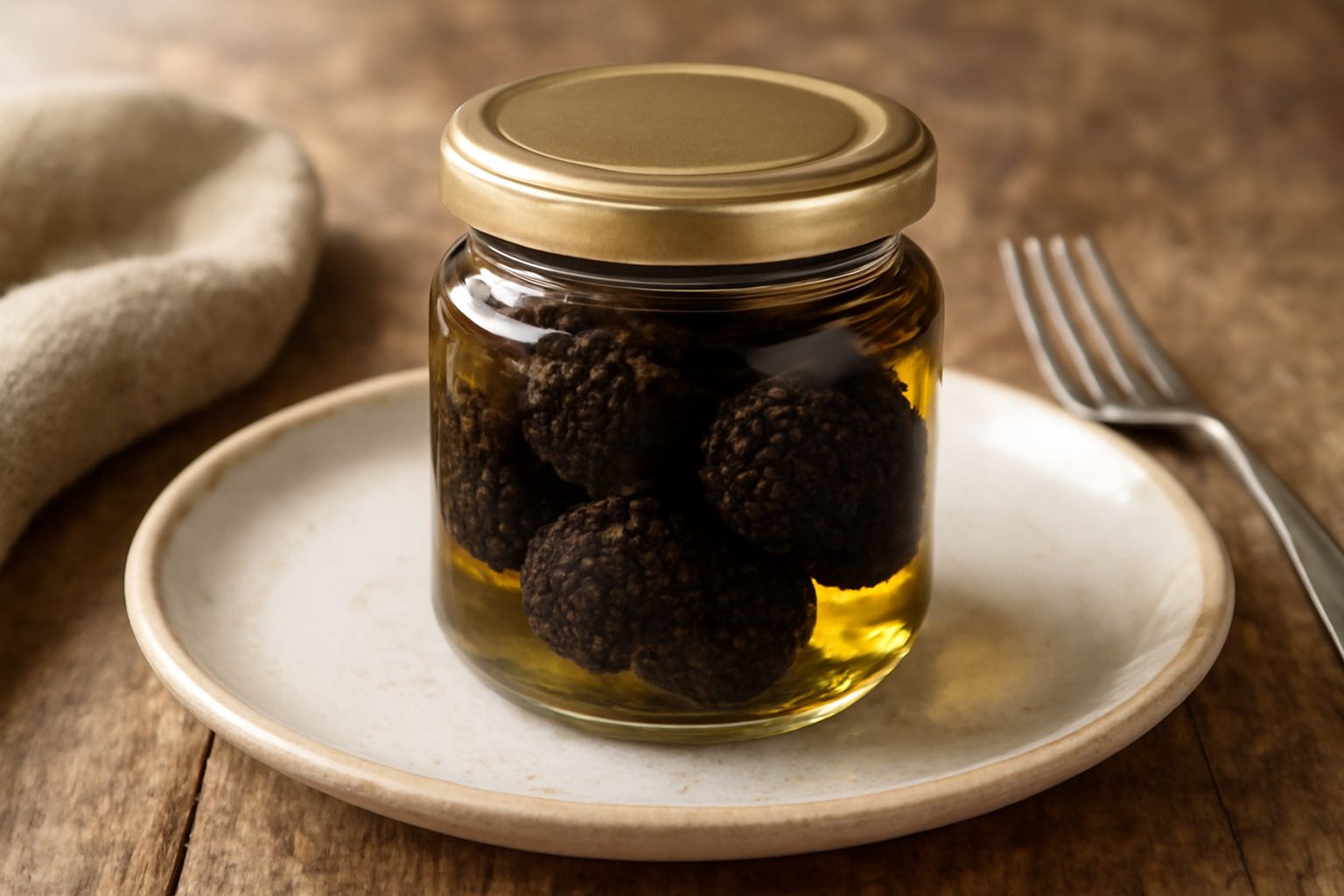 Barattolo di vetro trasparente con tartufi neri interi immersi in olio dorato, chiuso con tappo, su sfondo di legno scuro con foglie secche attorno