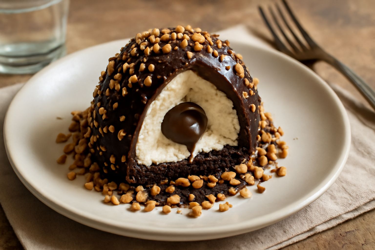 Tre tartufi di Pizzo posati su un piatto bianco, ricoperti di cioccolato scuro e granella di nocciola croccante, tagliato in sezione per mostrare il gelato cremoso interno
