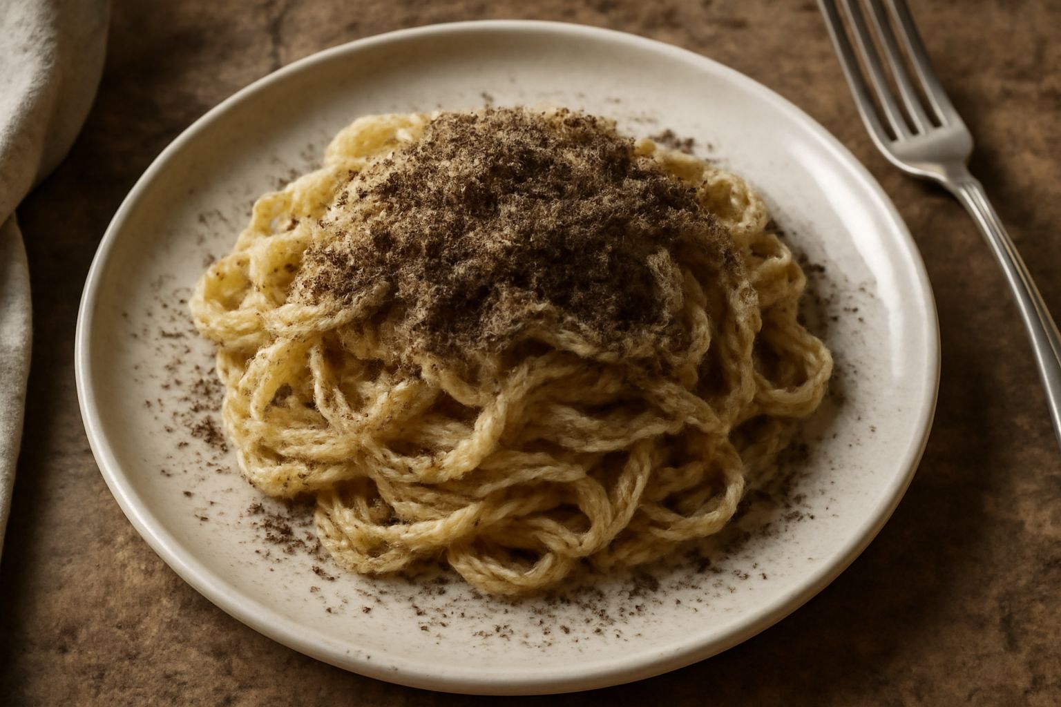Tartufo nero intero accanto a una grattugia fine, con scaglie di tartufo grigio-nere sparse su un piatto bianco, accanto a pasta al burro