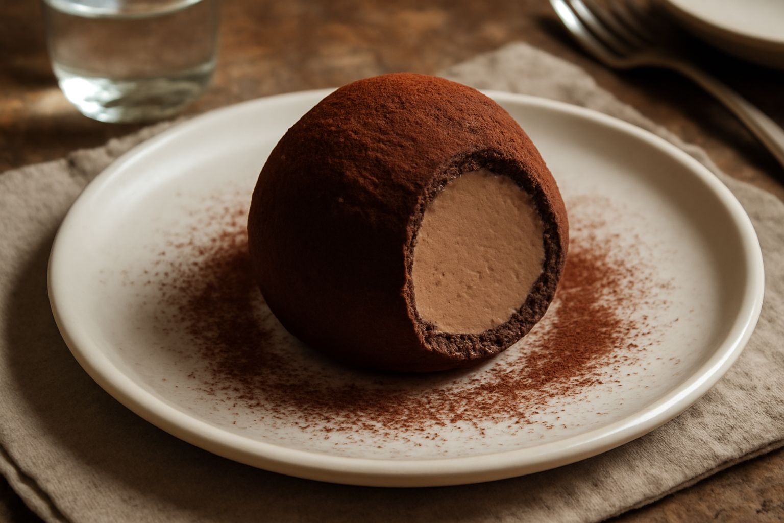 Tartufo napoletano tagliato a metà su piatto bianco, spaccatura che mostra il ripieno cremoso di ricotta e cioccolato, cacao in polvere sulla superficie esterna, fondo scuro sfocato