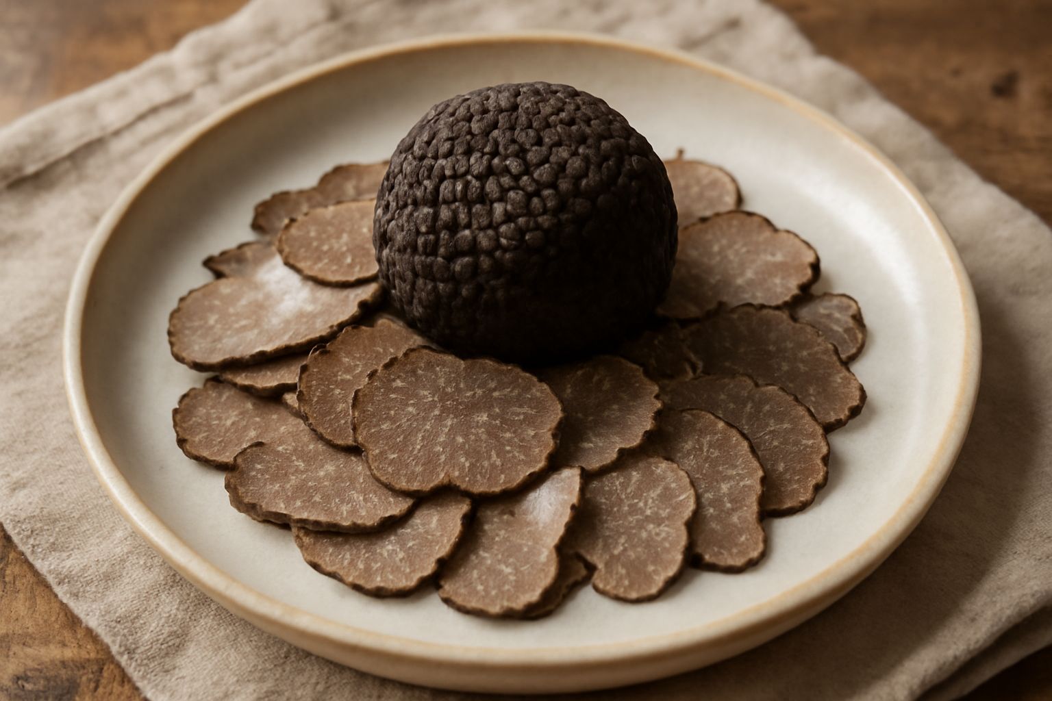 Tartufo nero intero pulito, posato su carta assorbente bianca, con superficie scura e tuberosa visibile, accanto a un barattolo di vetro con tartufo conservato sott'olio dorato