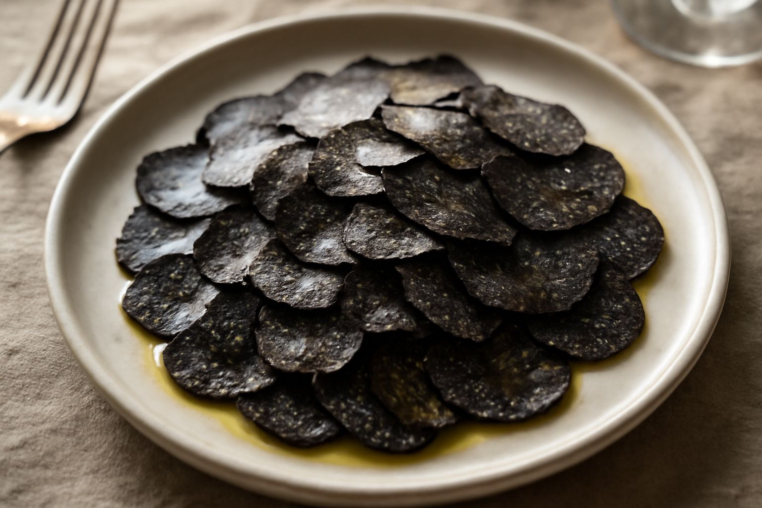 Fettine trasparenti di tartufo nero disposte a ventaglio su un piatto bianco, condite con gocce di olio dorato e granelli di sale marino grosso, con una mandolina sfocata sullo sfondo
