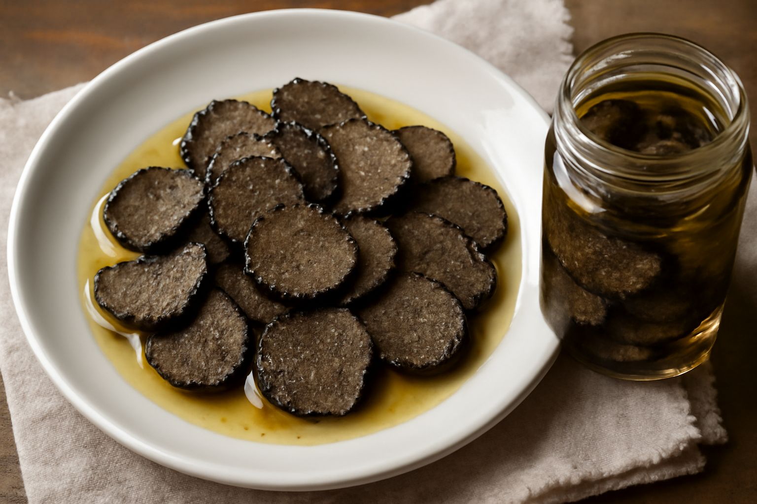 Vasetti di vetro trasparente con tartufo nero a fette immerse in olio extravergine, etichetta bianca con data, su superficie di marmo grigio con una lametta da tartufo accanto