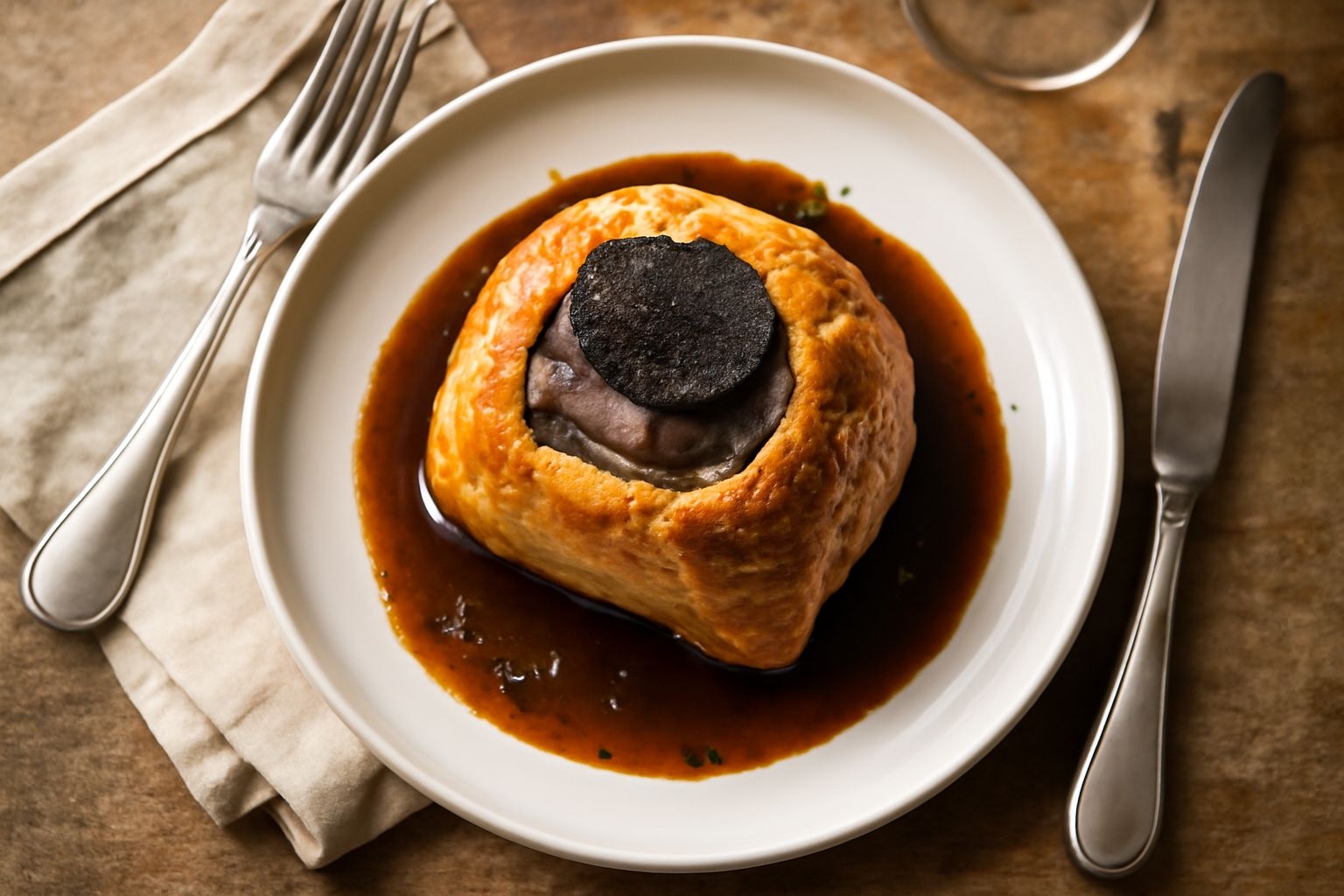 Tartufo nero intero con buccia ruvida e scura, appena estratto dal forno in carta stagnola, su piatto bianco con burro fuso e pane tostato ai lati