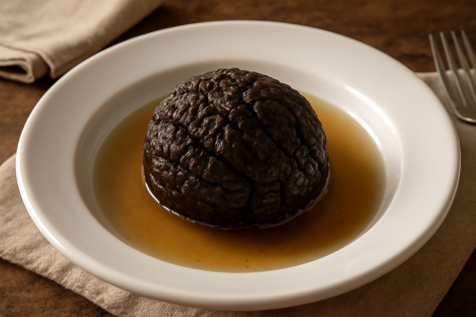 Tartufi neri interi e a fette, scuri e bitorzoluti, in un piatto fondo bianco con brodo trasparente, accompagnati da un cucchiaio in acciaio e fettine di pane tostato ai bordi