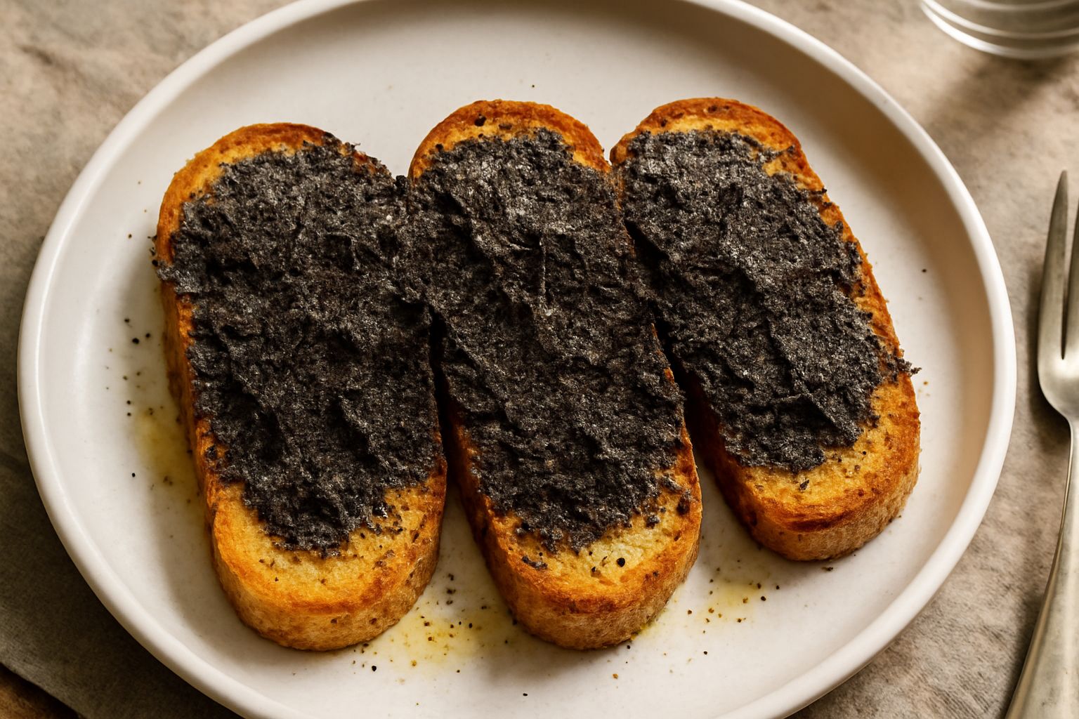 Tre crostini rettangolari dorati disposti su un piatto bianco, ricoperti di tartufo nero grattugiato fine, gocce d'olio extravergine lucido, pepe nero appena macinato e fiocchi di sale marino