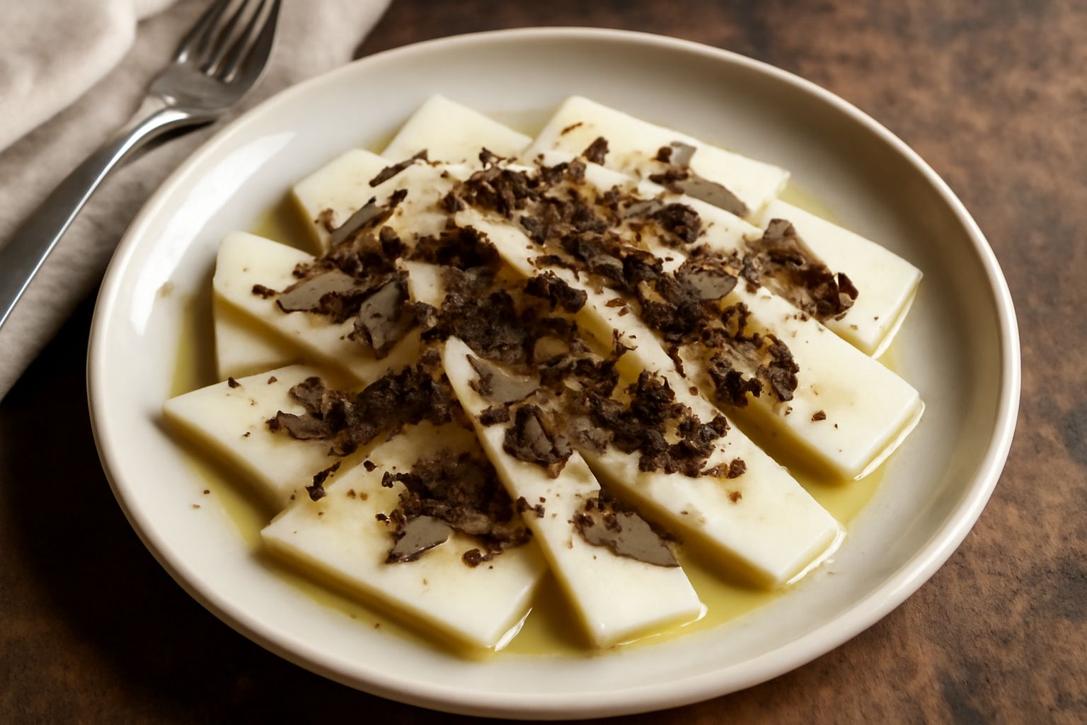 Piatto bianco con fette di formaggio morbido ricoperte da sottili lamelle di tartufo nero grattugiato, olio extravergine in filo dorato, crostini di pane tostati ai lati, sfondo neutro