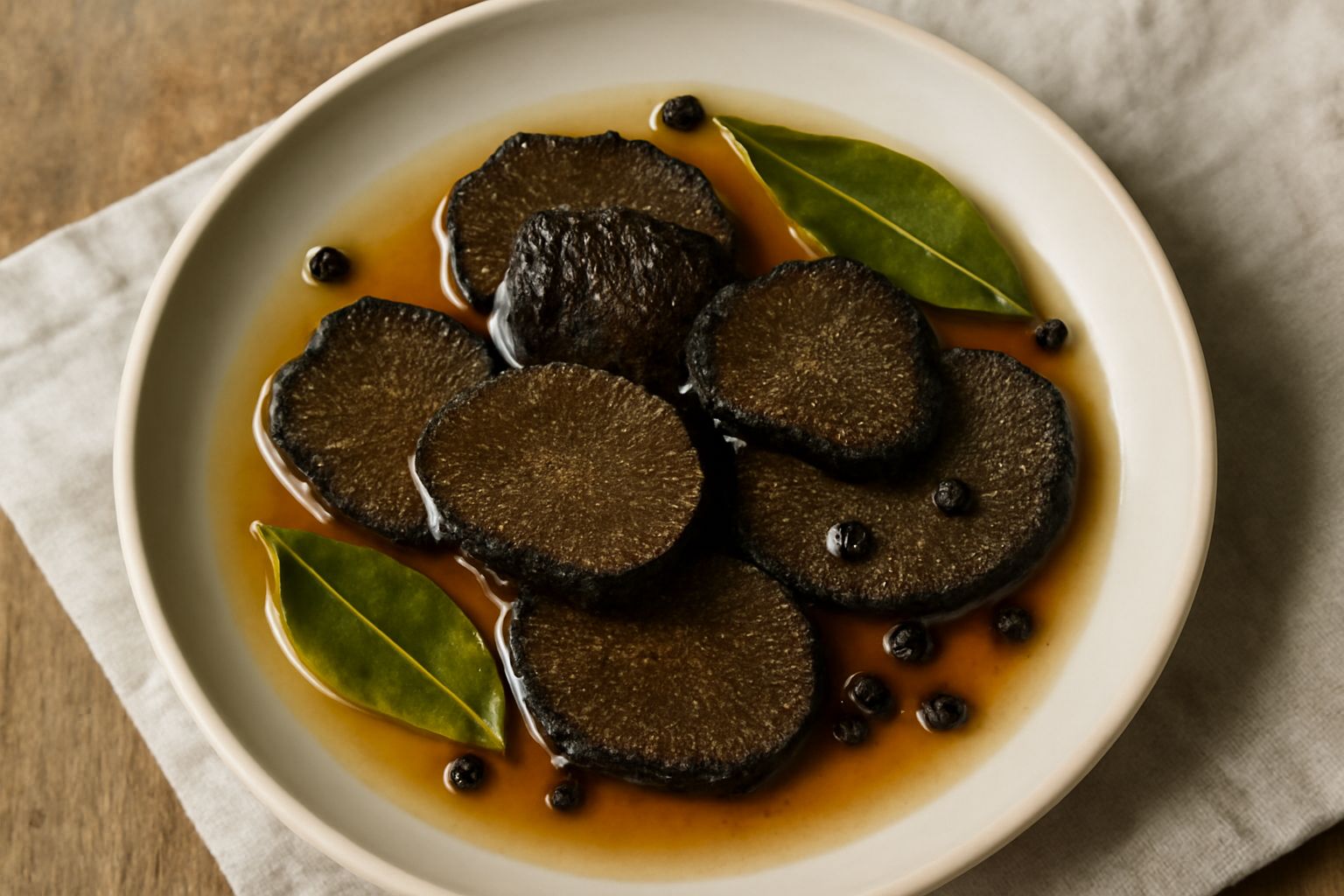 Vaso di vetro trasparente con tartufo nero sottaceto, fette intere o dimezzate immerse in liquido limpido ambrato, con grani di pepe nero e foglie di alloro visibili intorno al tubero
