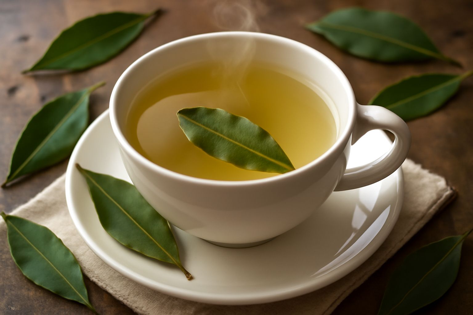 Una tazza di vetro trasparente riempita di tè di alloro dal colore giallo chiaro, con due foglie di alloro intere galleggianti in superficie, su un piattino di ceramica bianca con un cucchiaio di legn