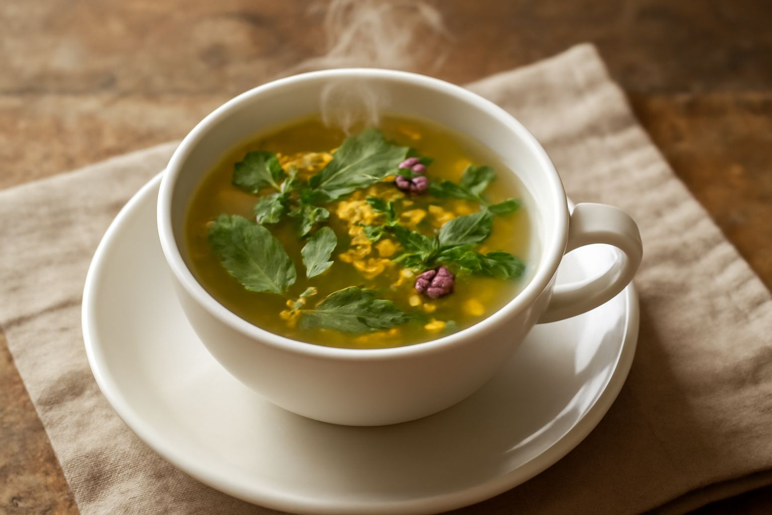 Una tazza di ceramica bianca con infuso trasparente e leggermente ambrato, decorata da foglie di menta fresca e alcuni fiori di camomilla galleggianti, su un tavolo di legno naturale accanto a rami di