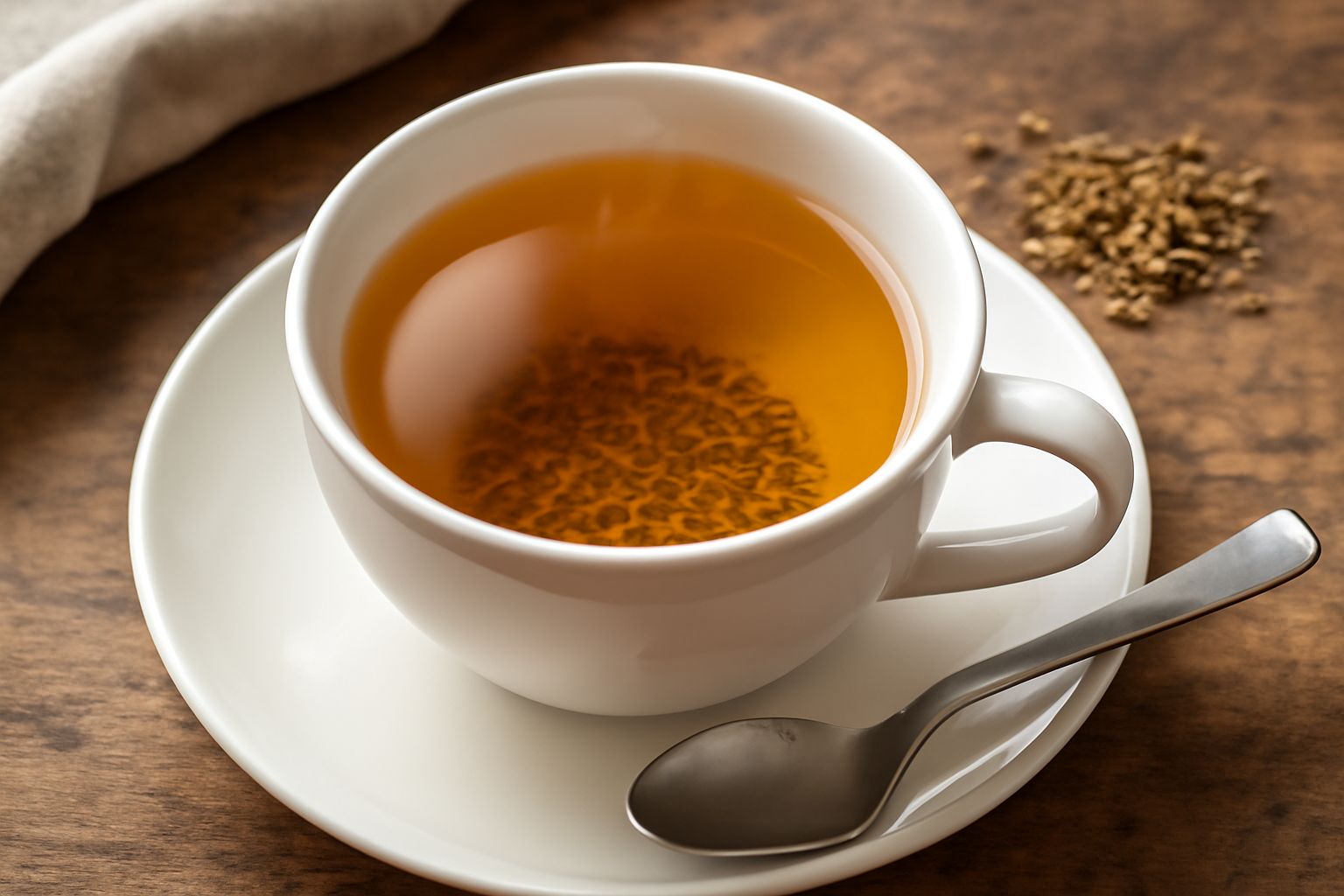 Tazza trasparente con tè ambrato di finocchio selvatico, semi piccoli e scuri visibili sul fondo, vapore leggero, foglie di finocchio fresco posate accanto, sfondo bianco