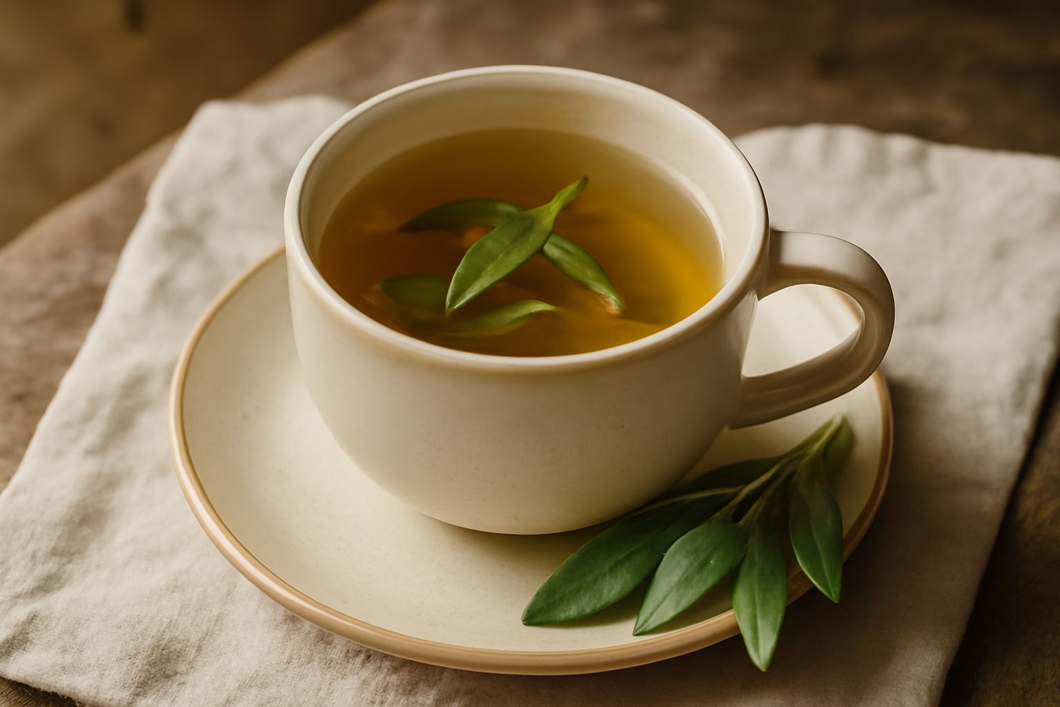 Una tazza di ceramica bianca con tè di salvia dorato trasparente, foglie di salvia fresche verdi accanto, vapore che sale dalla tazza su un piano di legno naturale