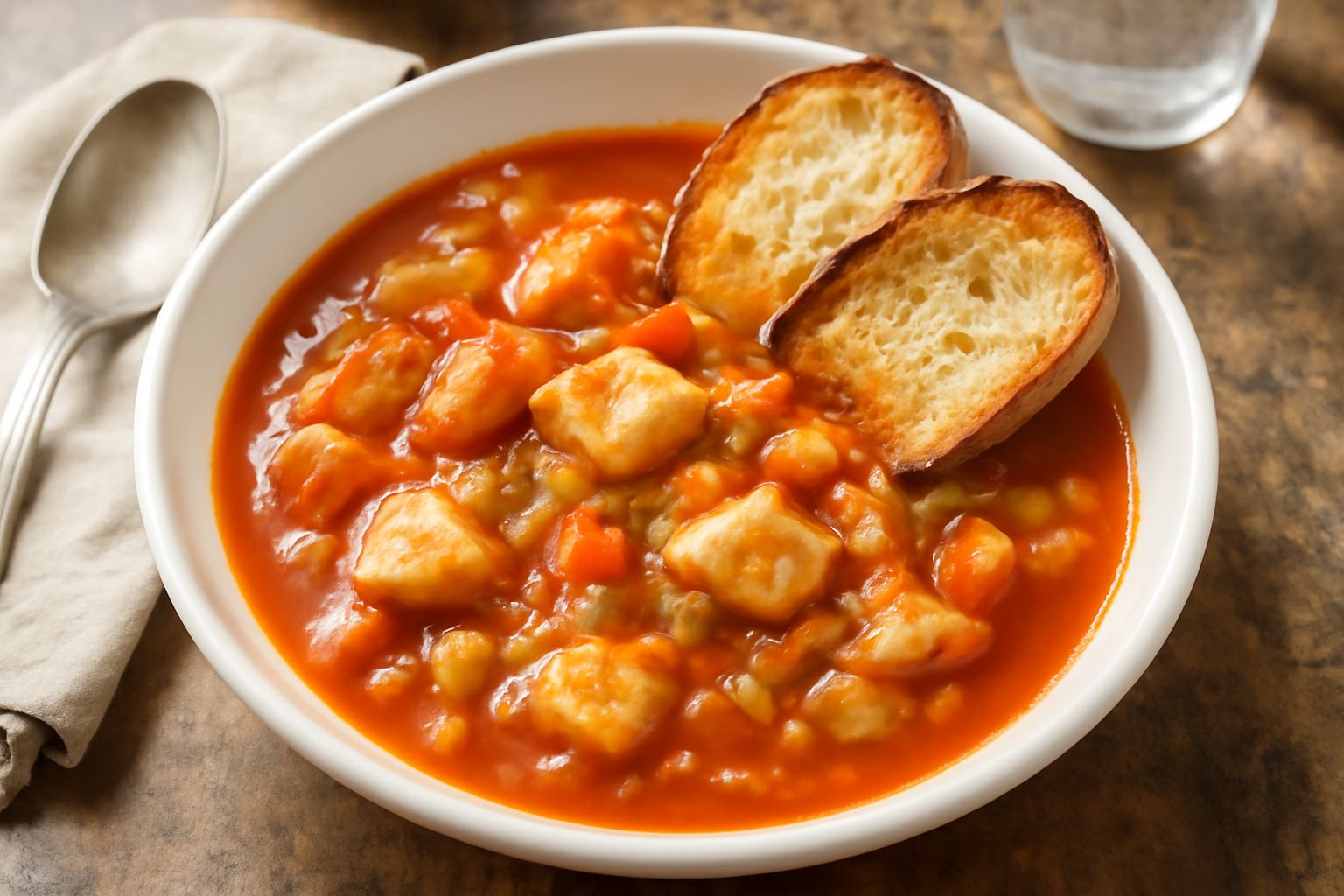 Tegamaccio in una ciotola di ceramica bianca: zuppa di pesce con pomodori rossi, fette di pesce bianco, aglio dorato, prezzemolo verde, pane tostato ai lati, olio d'oliva che brilla in superficie