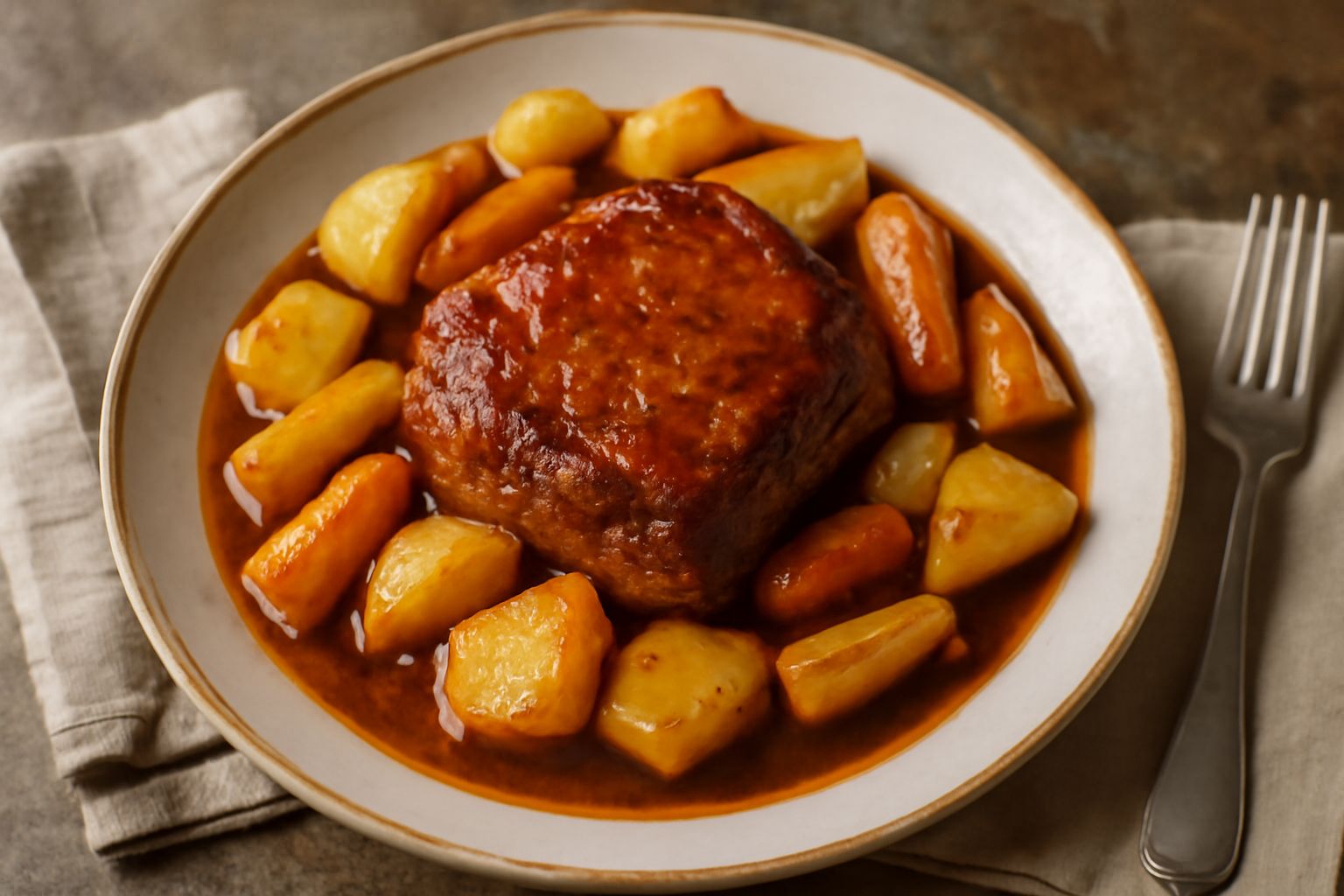 Teglia di carne al forno con carne rosolata color marrone dorato, patate tagliate a pezzi, carote e cipolle parzialmente caramellate, bagnate da un sugo denso e lucido, guarnita con prezzemolo fresco 