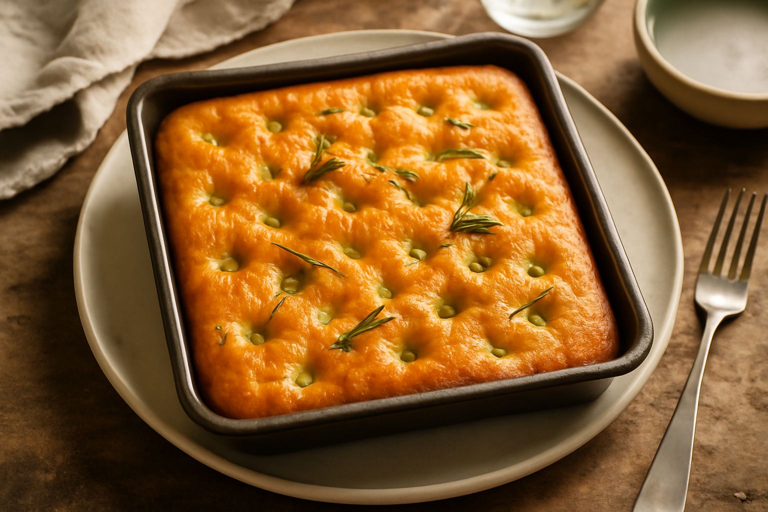 Focaccia dorata in teglia rettangolare, ricoperta di sale grosso e rametti di rosmarino fresco, con buchi regolari in superficie lucida d'olio