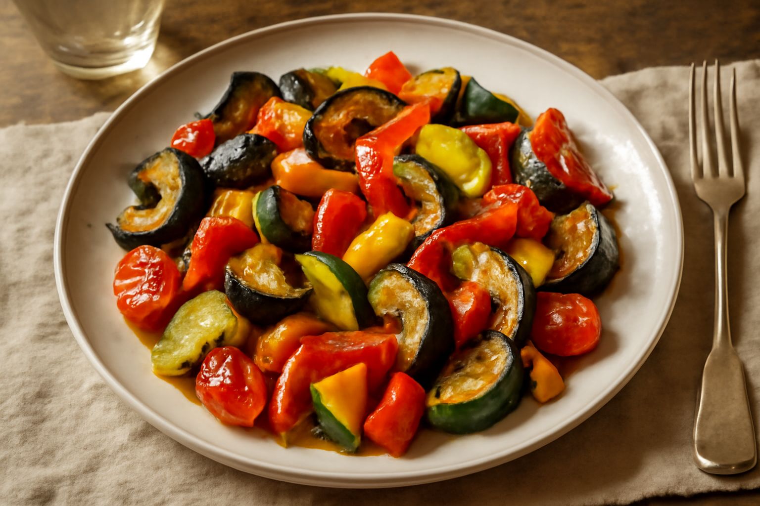 Teglia rettangolare di ceramica bianca con melanzane viola, zucchine verdi, peperoni rossi e gialli, pomodori rossi, tutto tagliato a pezzi grandi e leggermente dorato ai bordi, olio lucido visibile, 