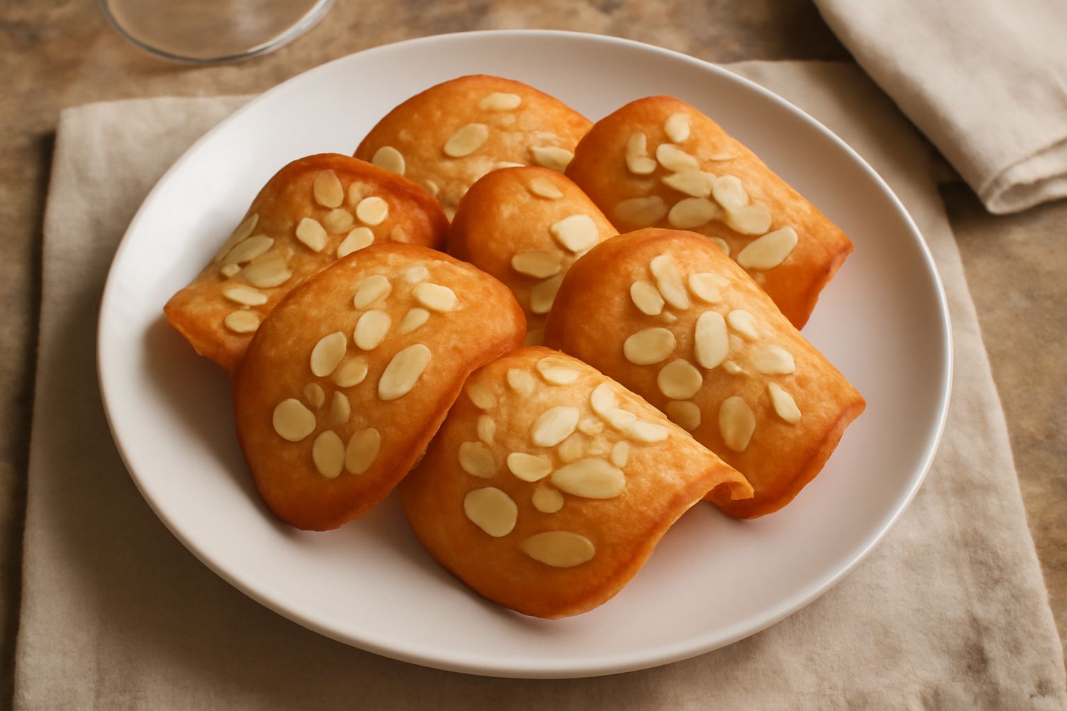 Tegole dolci dorate e croccanti piegate a forma di coppo, disposte su un piatto bianco con mandorle spezzate intorno, controsole per evidenziare la trasparenza