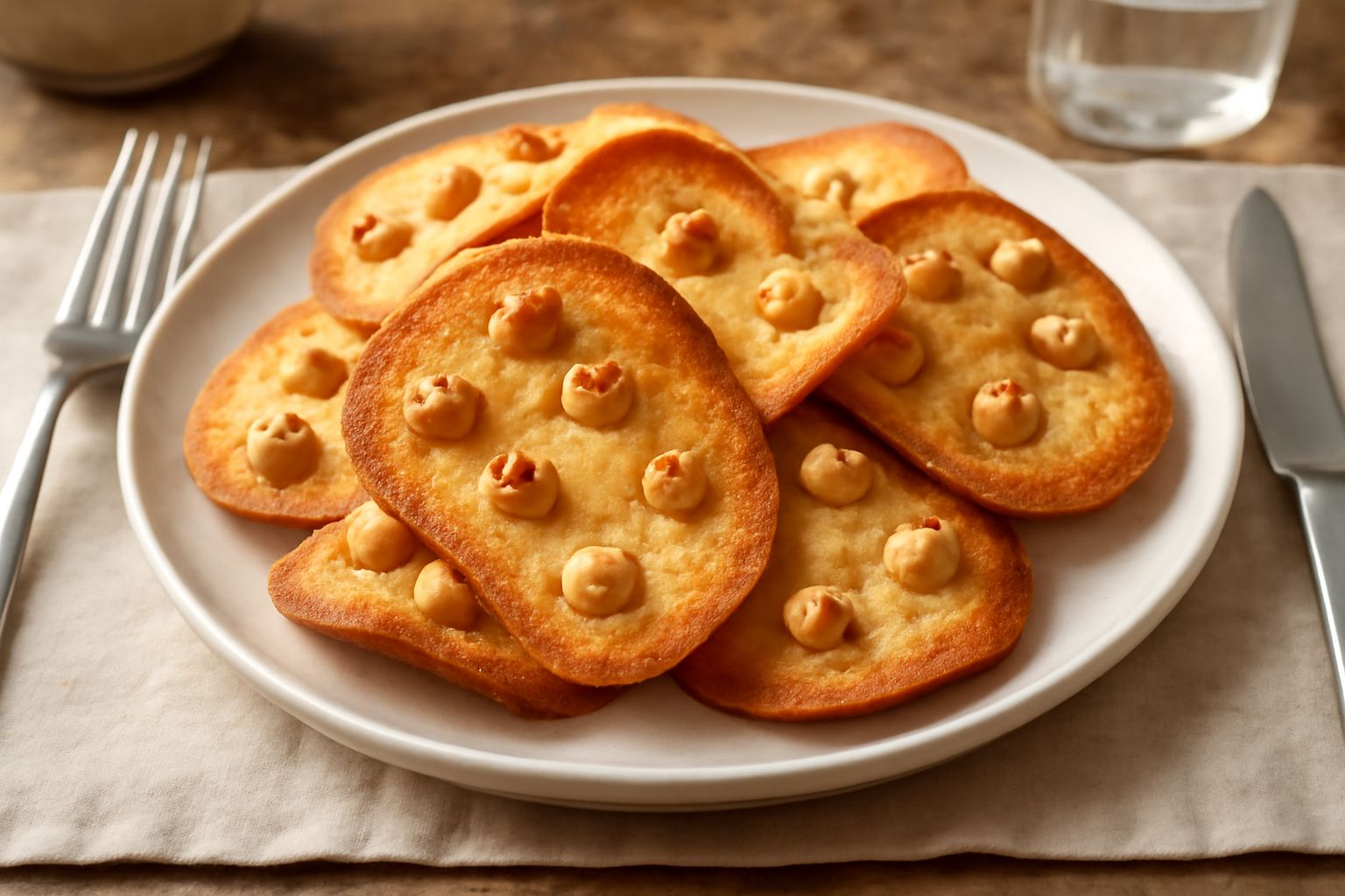 Tegole valdostane dorate e croccanti disposte su una superficie di legno, a forma di tegola, con frammenti di nocciole visibili sulla superficie