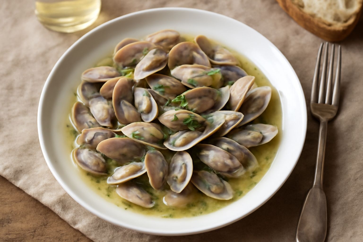 Telline cotte in padella larga, conchiglie aperte e bagnate nel brodo di vino bianco, aglio e prezzemolo fresco, impiattate in piatto fondo bianco con contorno di pane tostato