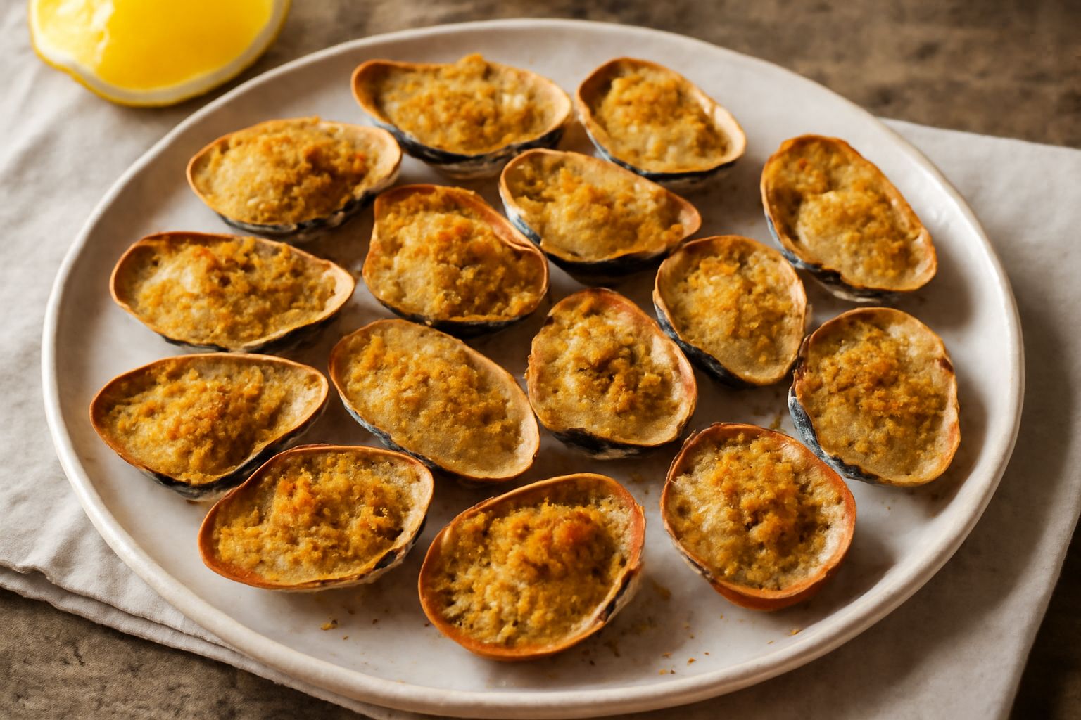 Telline dorate e croccanti nel loro guscio su un piatto bianco, cosparse di prezzemolo fresco, disposto in circolo, con al centro il forno caldo di fondo.