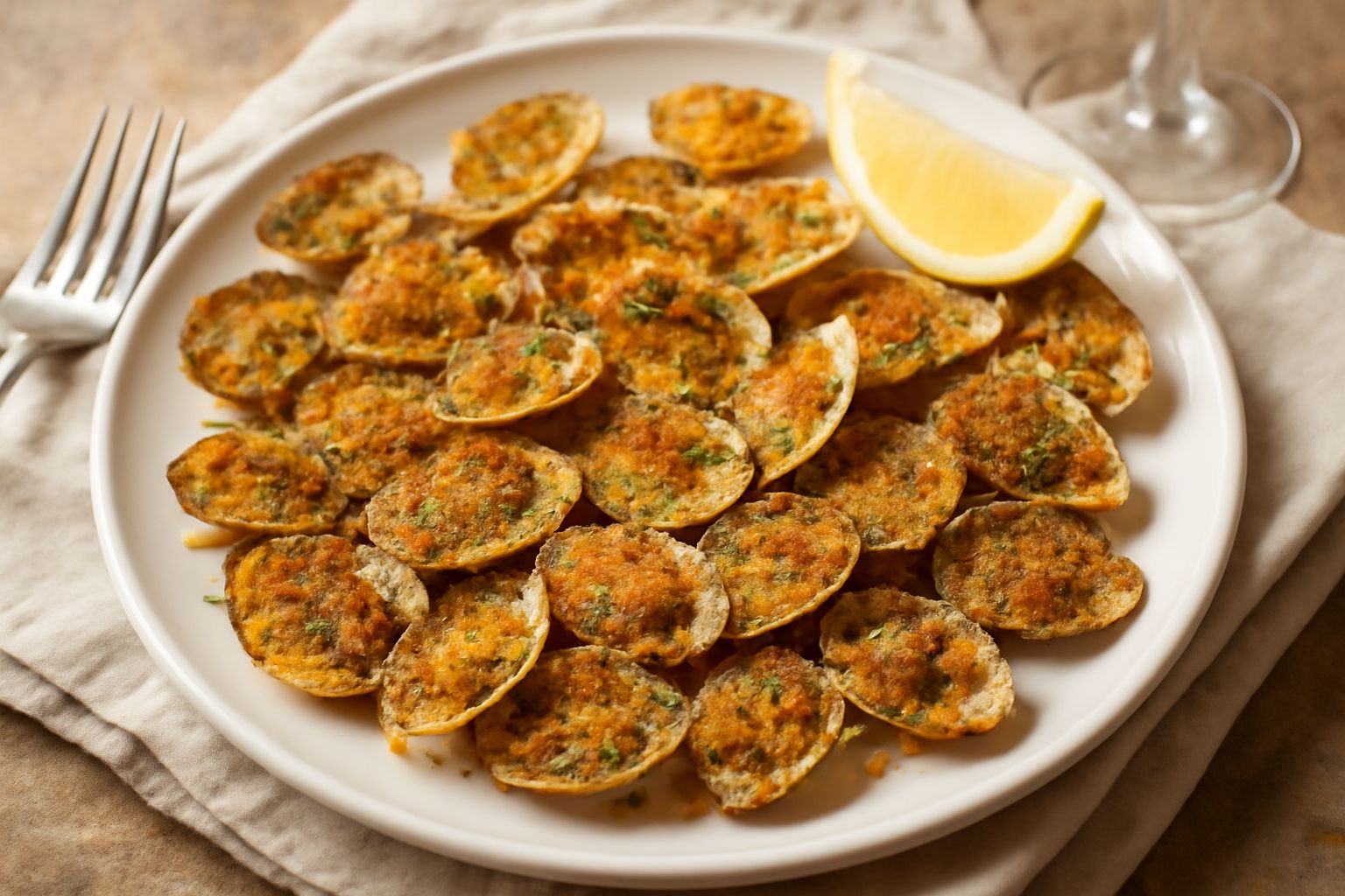 Telline gratinate dorate disposte in teglia, con pangrattato croccante visibile sulla superficie, spolverate di prezzemolo fresco verde, limone tagliato a fette sul bordo, piatto bianco con bordo azzu