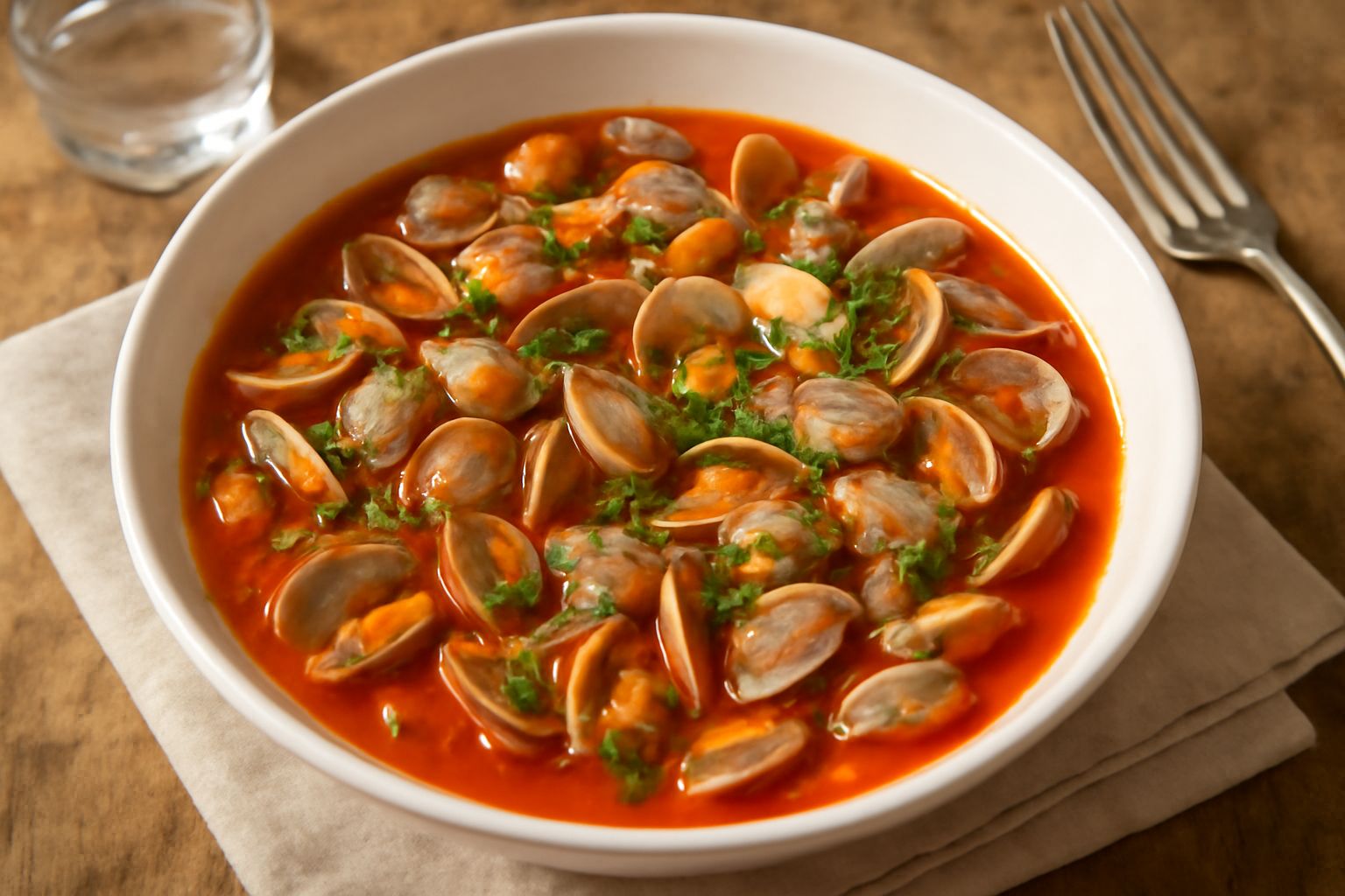 Ciotola di ceramica bianca con telline aperte in brodo rosso al pomodoro, olio lucido in superficie, prezzemolo verde fresco sparso sopra e pane tostato a lato