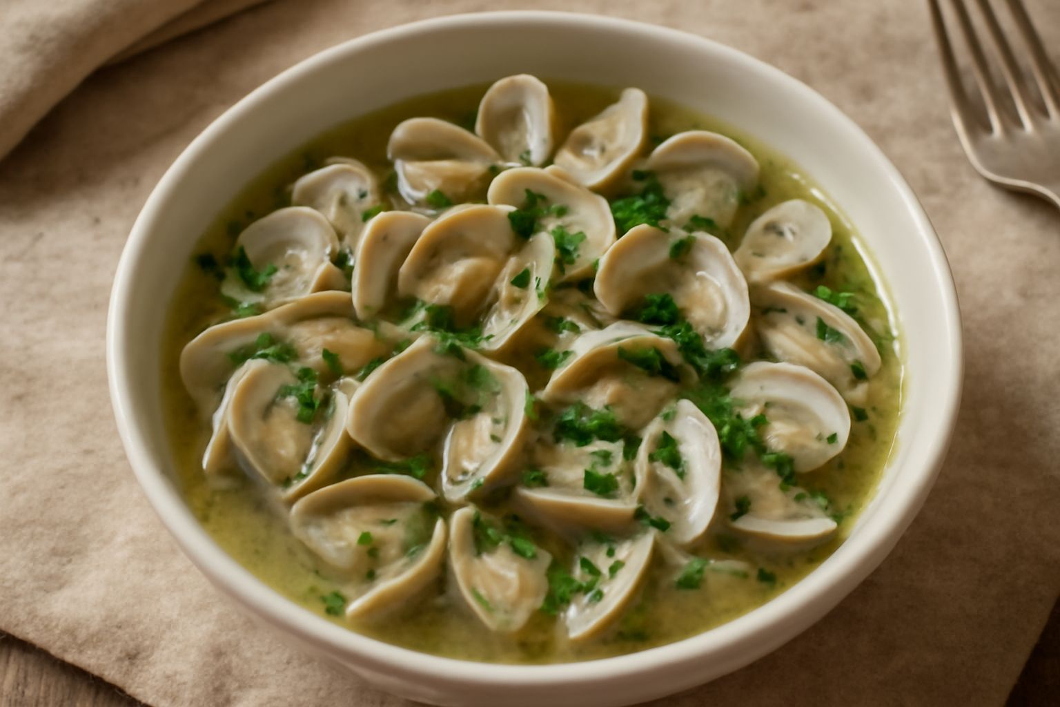 Ciotola di ceramica bianca con telline aperte color bianco avorio in brodo trasparente, con foglie di prezzemolo fresco e gocce di olio verde in superficie, su tavolo di legno naturale