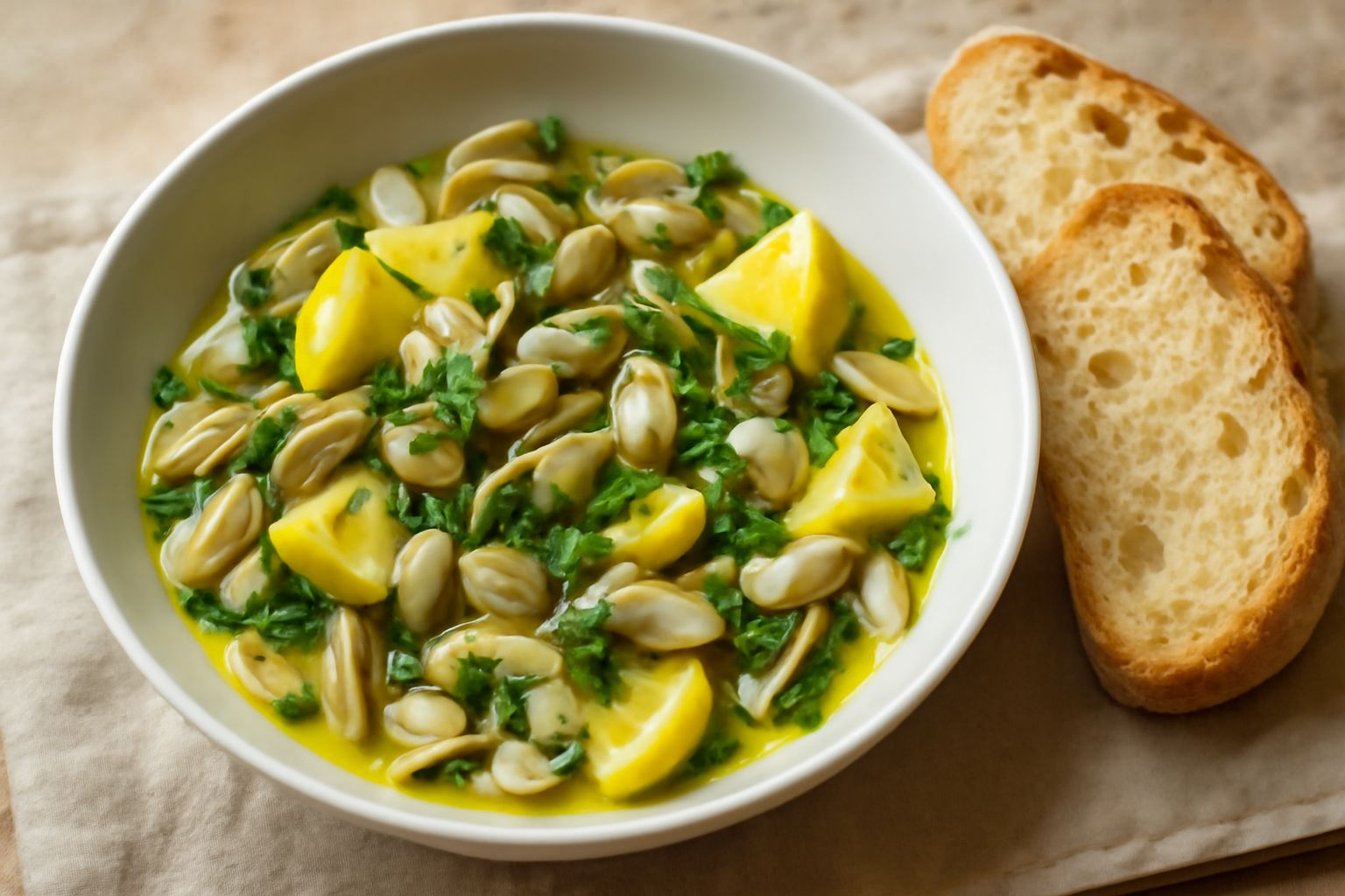 Insalata di telline in bianco servita in piatto fondo bianco: molluschi aperti di color beige e grigio, rivestiti da olio lucido, pezzi di limone giallo, prezzemolo verde fresco sparso, crostini di pa