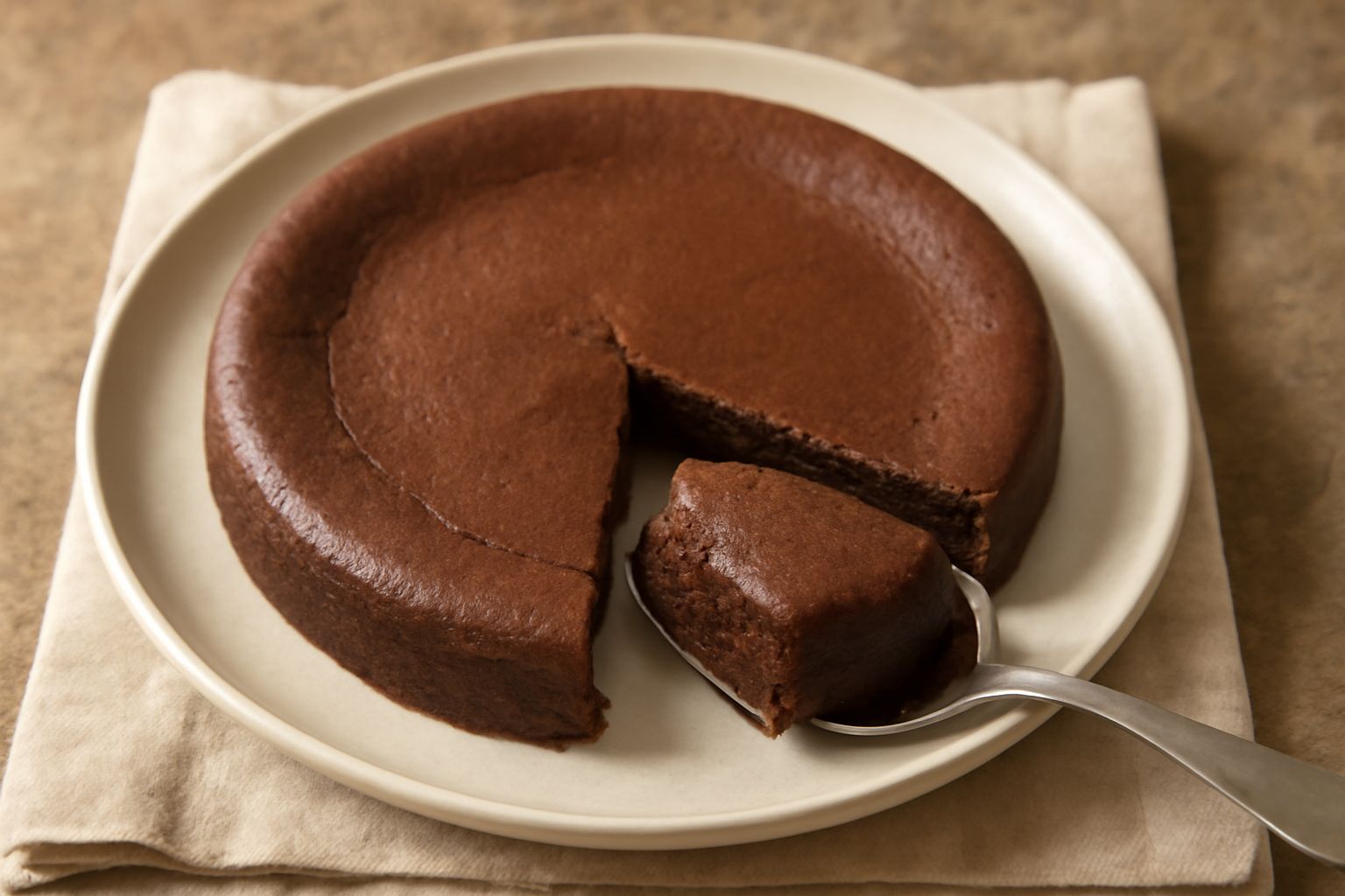 Fetta di tenerina al cioccolato dal colore marrone scuro, con interno umido e compatto, servita su piatto bianco con polvere di cacao spolverata in superficie