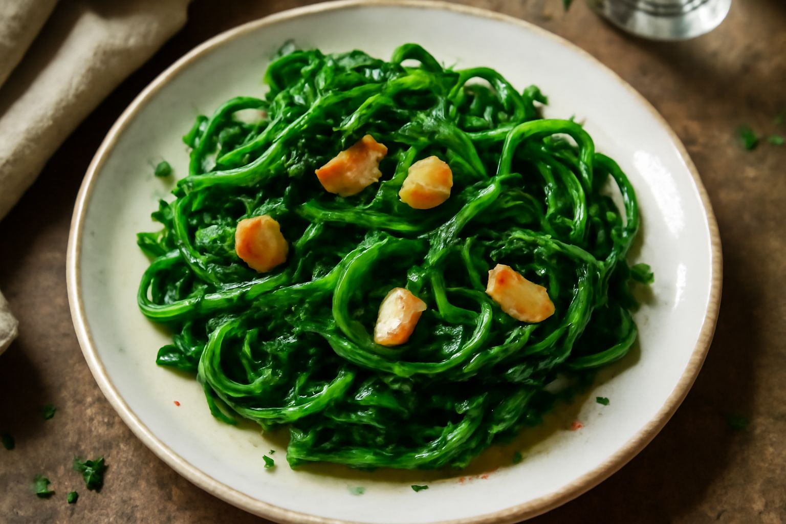 Tenerumi verdi croccanti e lucidi d'olio, con spicchi d'aglio dorato, peperoncino rosso e prezzemolo fresco, disposti in un piatto bianco fondo su sfondo di legno chiaro