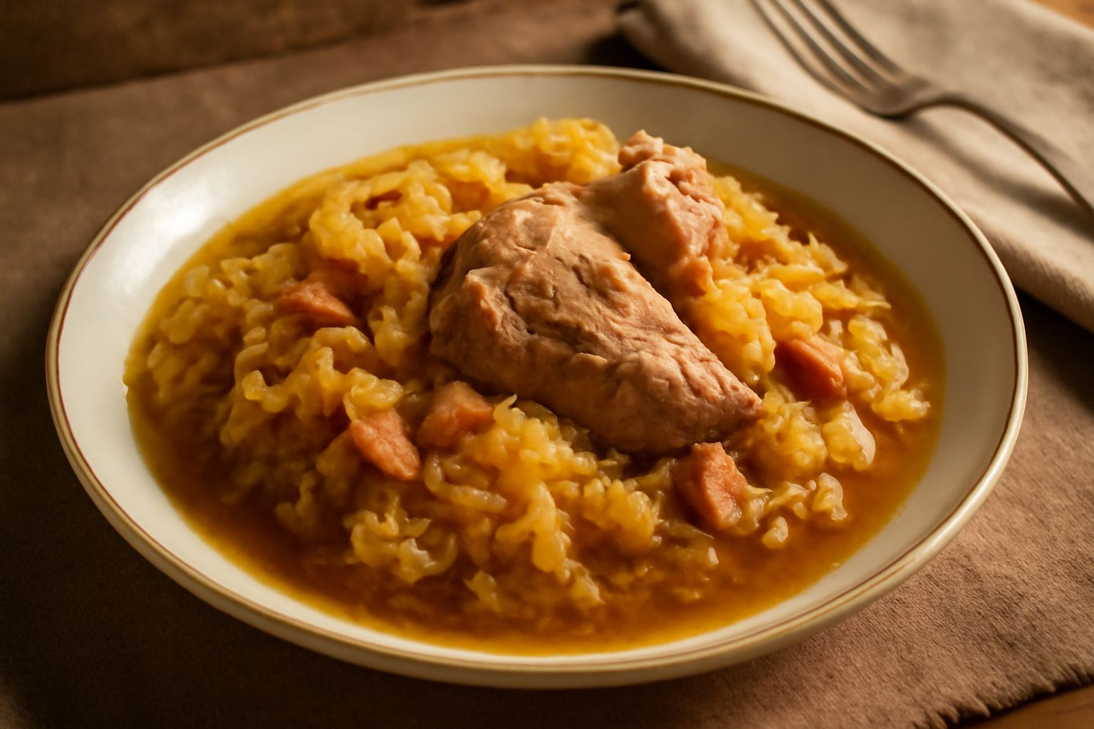 Piatto di Teroldego con crauti dorati e stufati, carne di maiale tenera in primo piano, brodo ambrato, contorno di patate lesse bianche, tavolo di legno scuro, luce naturale