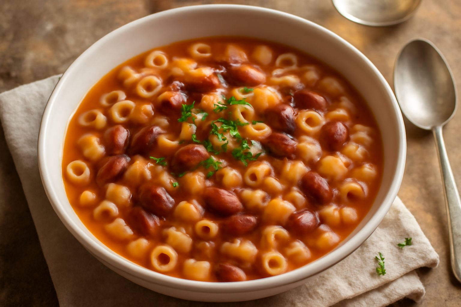 Terrano in una ciotola bianca: pasta tubolare mescolata a fagioli rossi e bianchi, con brodo cremoso, decorato con prezzemolo fresco tritato e filo di olio d'oliva