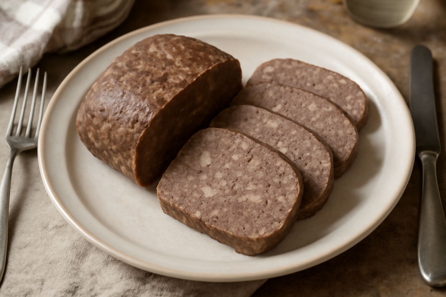 Terrina di carne tagliata a fette regolari di colore marrone scuro, compatta e uniforme, disposta su un tagliere di legno con una spatola accanto, contorno morbido e superficie lucida
