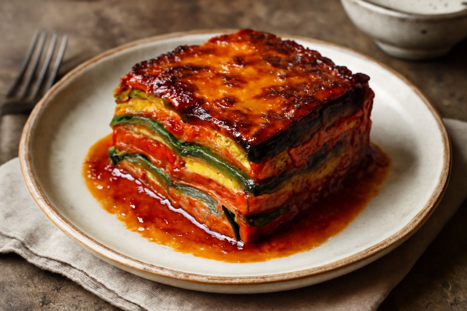 Terrina di verdure tagliata a fette quadrate su piatto bianco, mostrando strati colorati di melanzane viola, zucchine verdi e peperoni rossi con salsa di pomodoro, guarnita con prezzemolo fresco